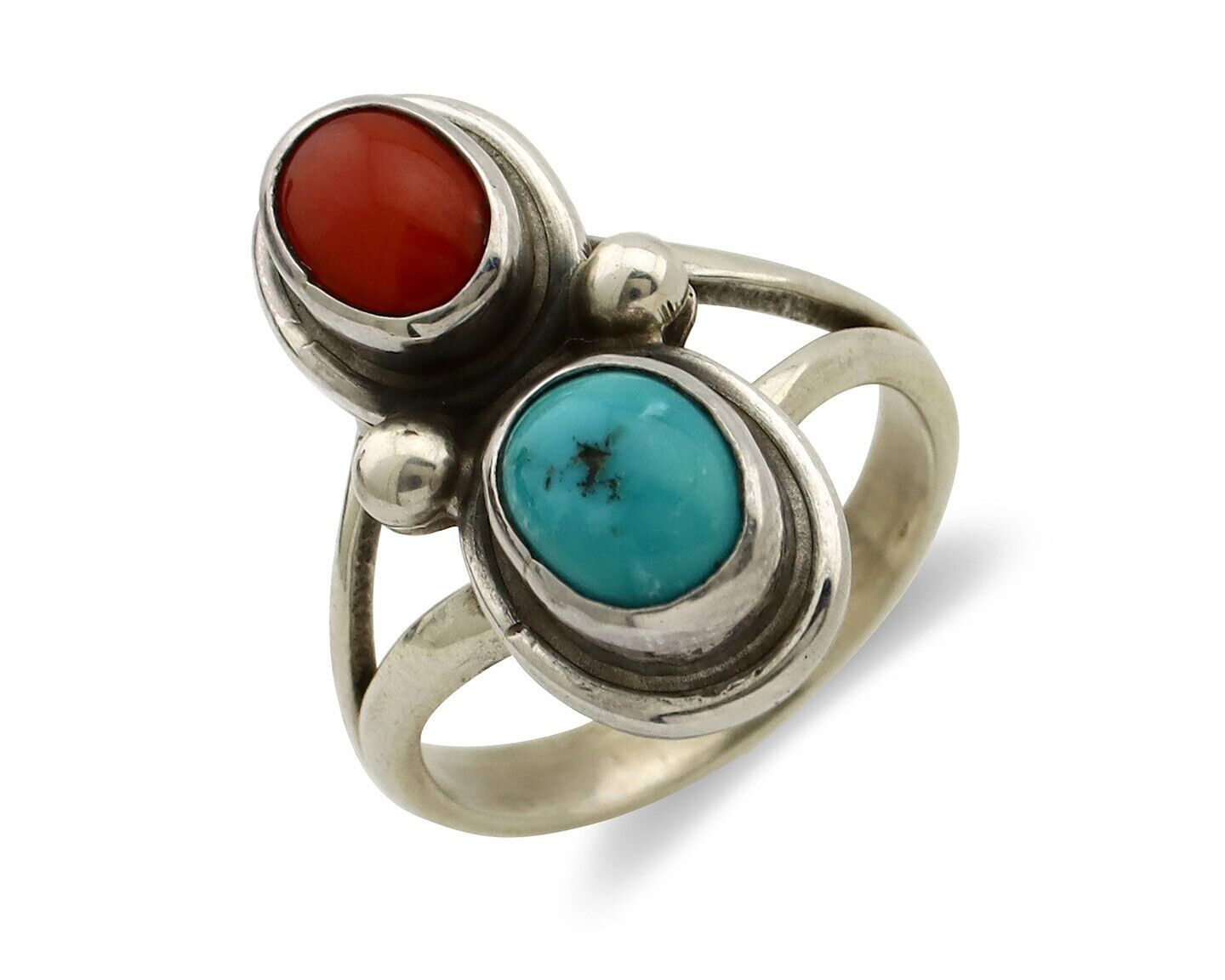 Navajo Handmade Ring 925 Silver Coral & Turquoise Native American Artist C.80's