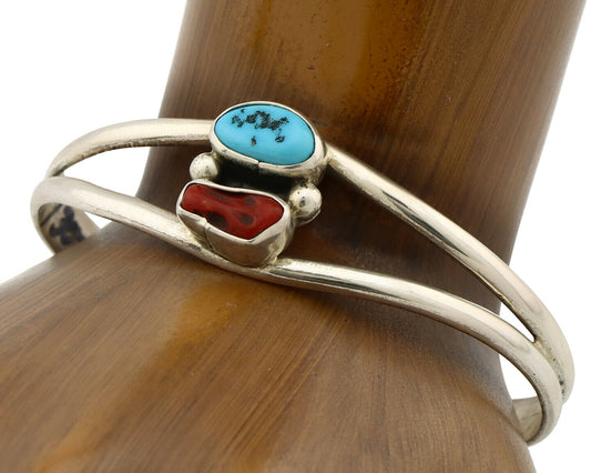 Navajo Bracelet .925 Silver Turquoise & Coral Artist Native American C.1980's