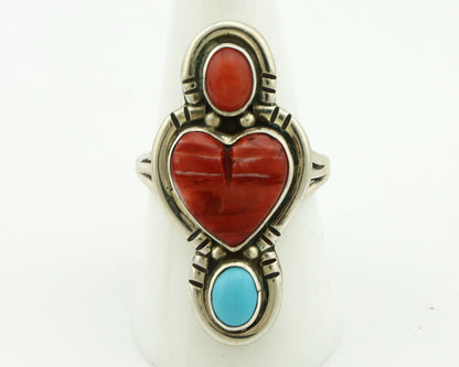 Navajo Ring .925 Silver Natural Coral & Turquoise Signed Carrol Felley C.80's