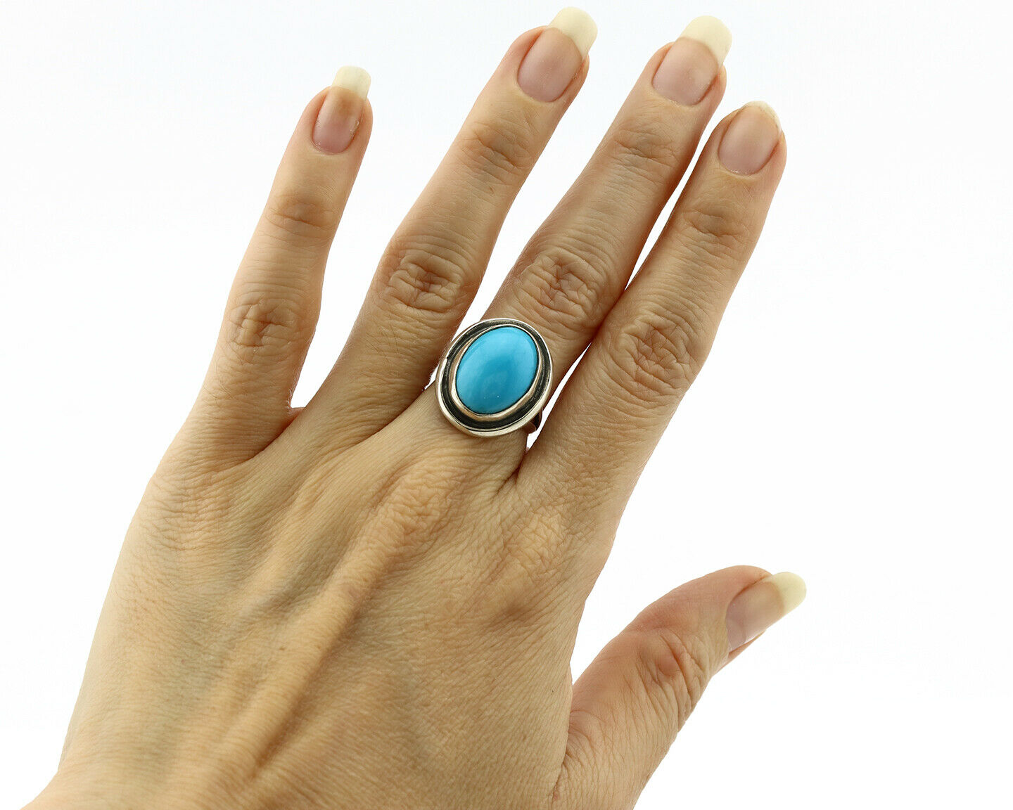 Navajo Ring .925 Silver Kingman Turquoise Handmade Native American Artist C80s