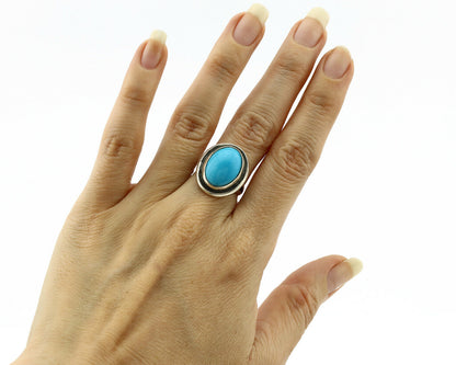 Navajo Ring .925 Silver Kingman Turquoise Handmade Native American Artist C80s