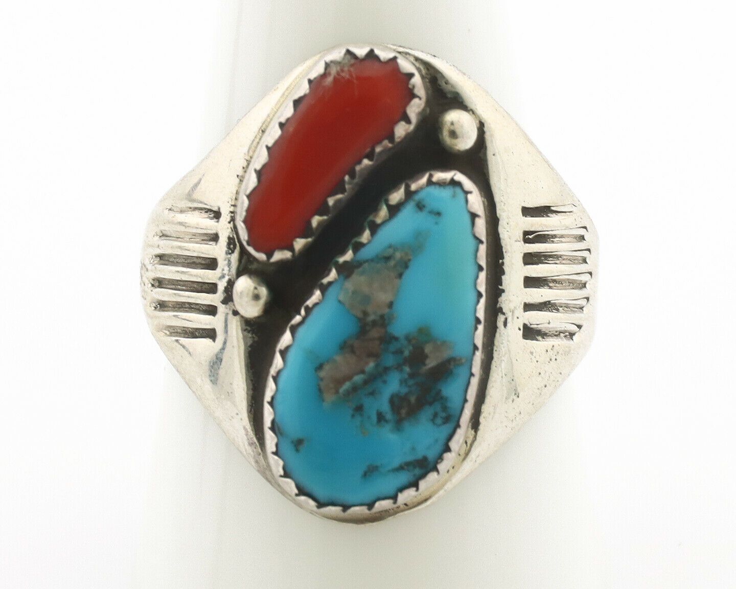 Zuni Ring .925 Silver Natural Turquoise & Coral Native American Artist C.1980's