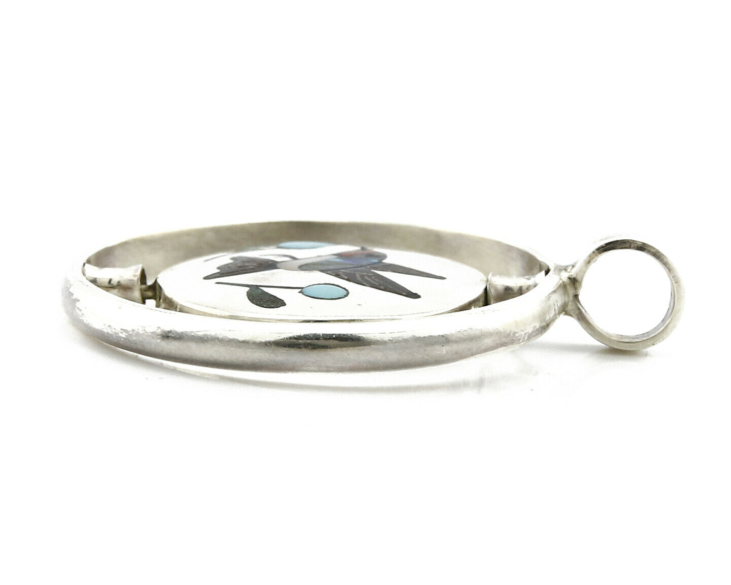 Navajo Bird Spinner Pendant .925 Silver Inlaid Gemstone Signed Baylor C.80's