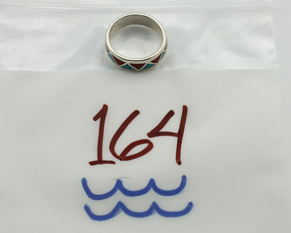 Navajo Chip Inlay Ring 925 Silver Sleeping Beauty Turquoise & Coral Silver Cloud