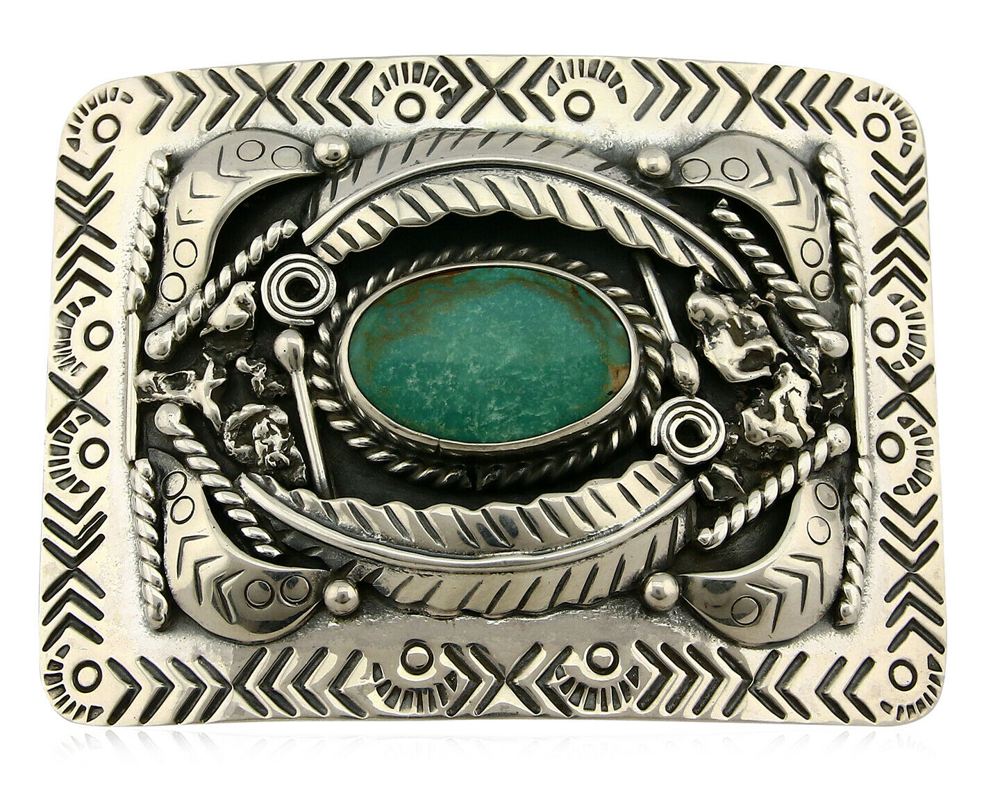 Navajo Belt Buckle .925 Silver Morenci Turquoise Artist Signed Tipi C.80's