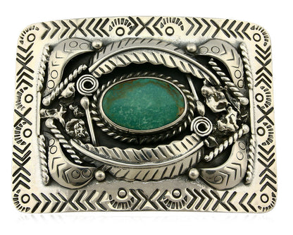 Navajo Belt Buckle .925 Silver Morenci Turquoise Artist Signed Tipi C.80's