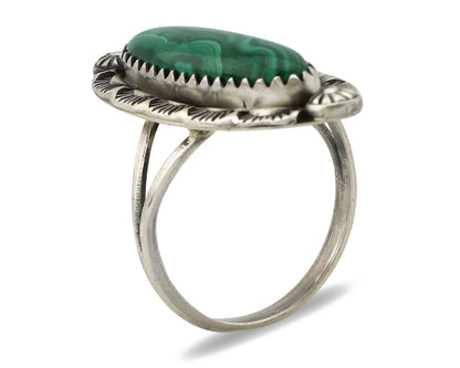 Navajo Ring 925 Silver Natural Malachite Artist Native American Signed H C.80's