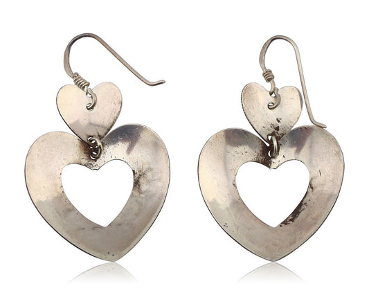 Navajo Dangle Heart Earrings Handmade 925 Silver Blue Turquoise Native Artist