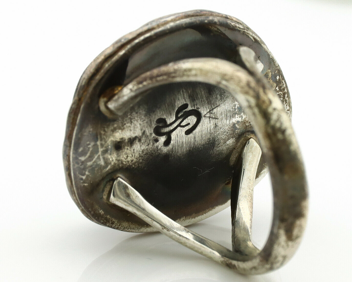 Navajo Ring .925 Silver Kingman Turquoise Artist Signed Gecko C.1980's