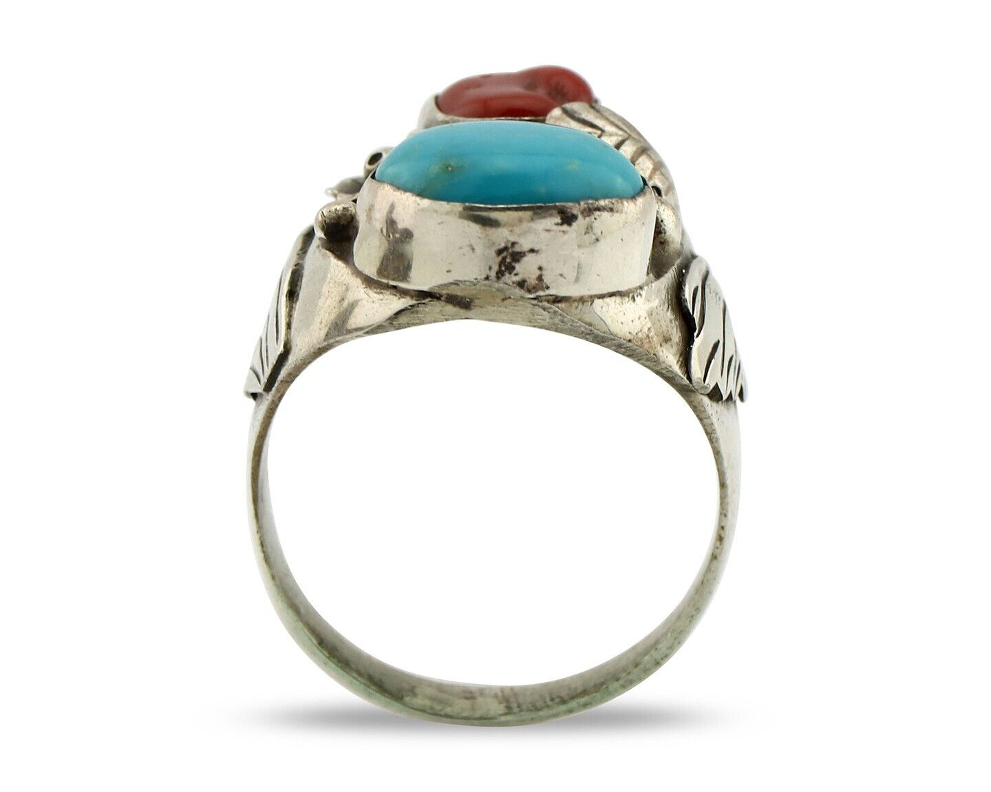 Navajo Ring 925 Silver Blue Turquiose & Mediterranean Coral Native Artist C.80's