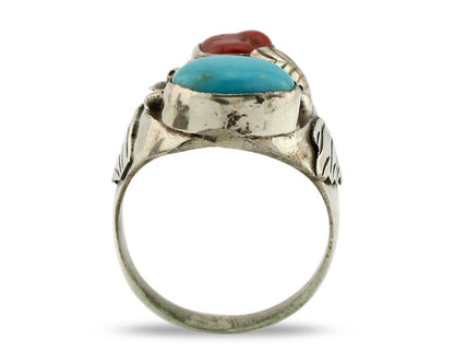 Navajo Ring 925 Silver Blue Turquiose & Mediterranean Coral Native Artist C.80's