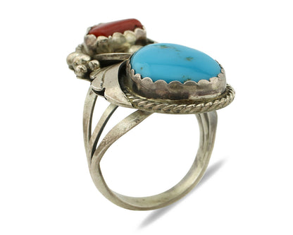 Navajo Ring .925 Silver Turquoise & Coral Artist Signed Justin Morris C.80's