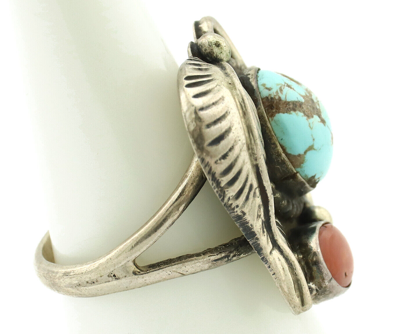 Navajo Ring 925 Silver Coral & Globe Turquoise Native American Artist C.80's