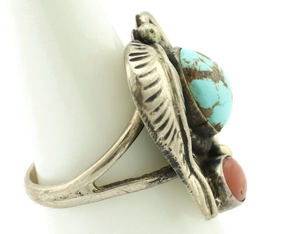 Navajo Ring 925 Silver Coral & Globe Turquoise Native American Artist C.80's
