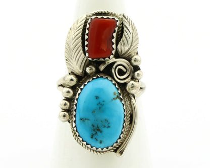 Navajo Ring .925 Silver Turquoise & Coral Artist Signed Justin Morris C.1980's