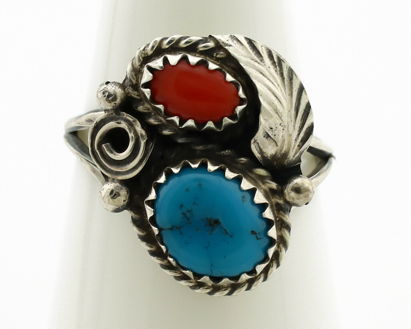 Navajo Ring .925 Silver Turquoise & Coral Artist Signed J Morris C.80's