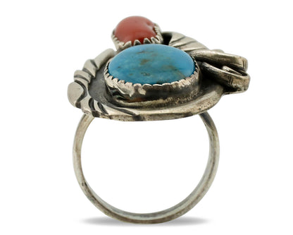 Navajo Ring 925 Silver Turquoise & Coral Artist Signed Native American C.80s