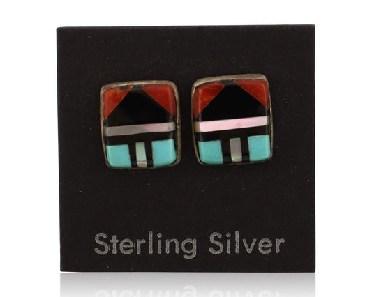 Zuni Earrings 925 Silver Natural Gemstones & Turquoise Native Artist C.80's