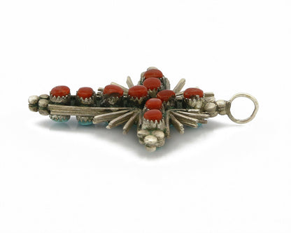 Zuni REAL Turquoise and Coral Reversible 925 Silver Handmade Cross Pendant
