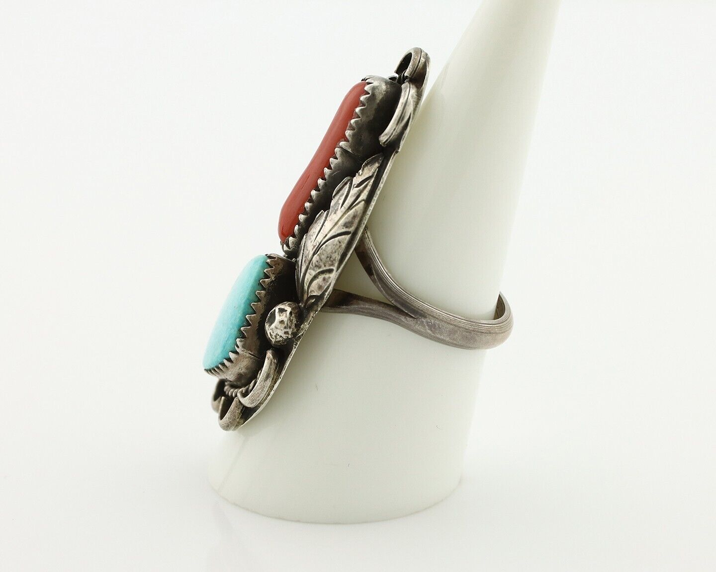 Navajo Ring 925 Silver Blue Turquiose & Coral Artist Signed ID C.80's