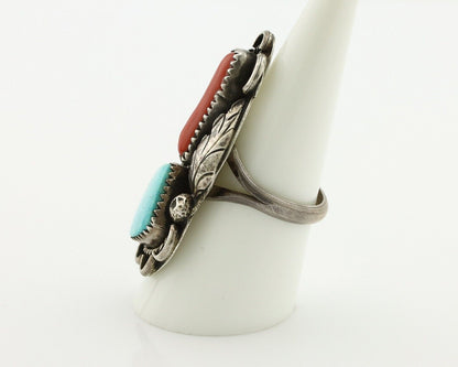 Navajo Ring 925 Silver Blue Turquiose & Coral Artist Signed ID C.80's