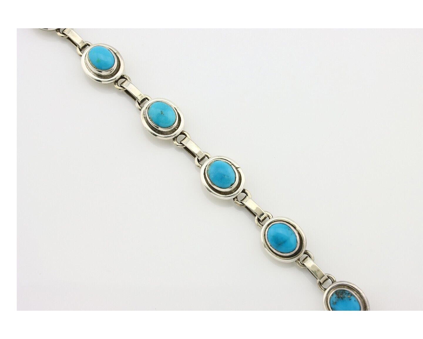 Navajo Link Bracelet .925 Silver Blue Turquoise Native American Artist C.80's