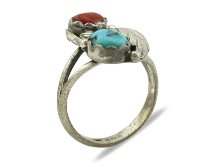 Navajo Ring .925 Silver Turquoise & Coral Native American Artist C.1980's