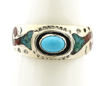 Navajo Handmade Ring 925 Silver Blue Turquoise & Coral Native American C.80's