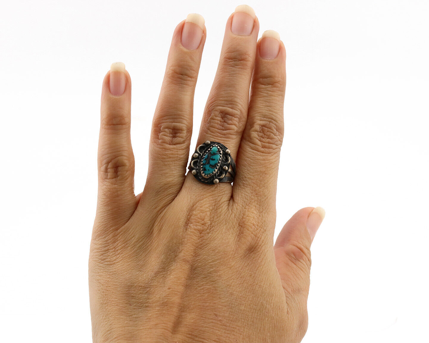 Navajo Ring .925 Silver Blue Turquoise Artist Signed F C.80's
