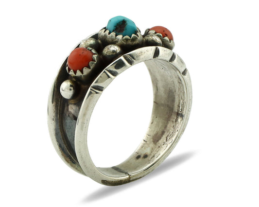 Navajo Ring 925 Silver Coral & Sleeping Beauty Turquoise Native Artist C.70's