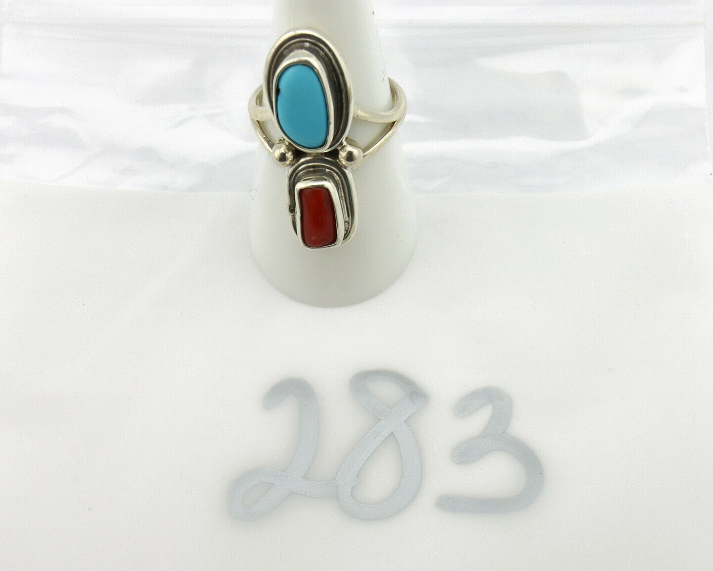 Navajo Ring .925 Silver Blue Turquoise & Red Coral Native American Artist C.80's