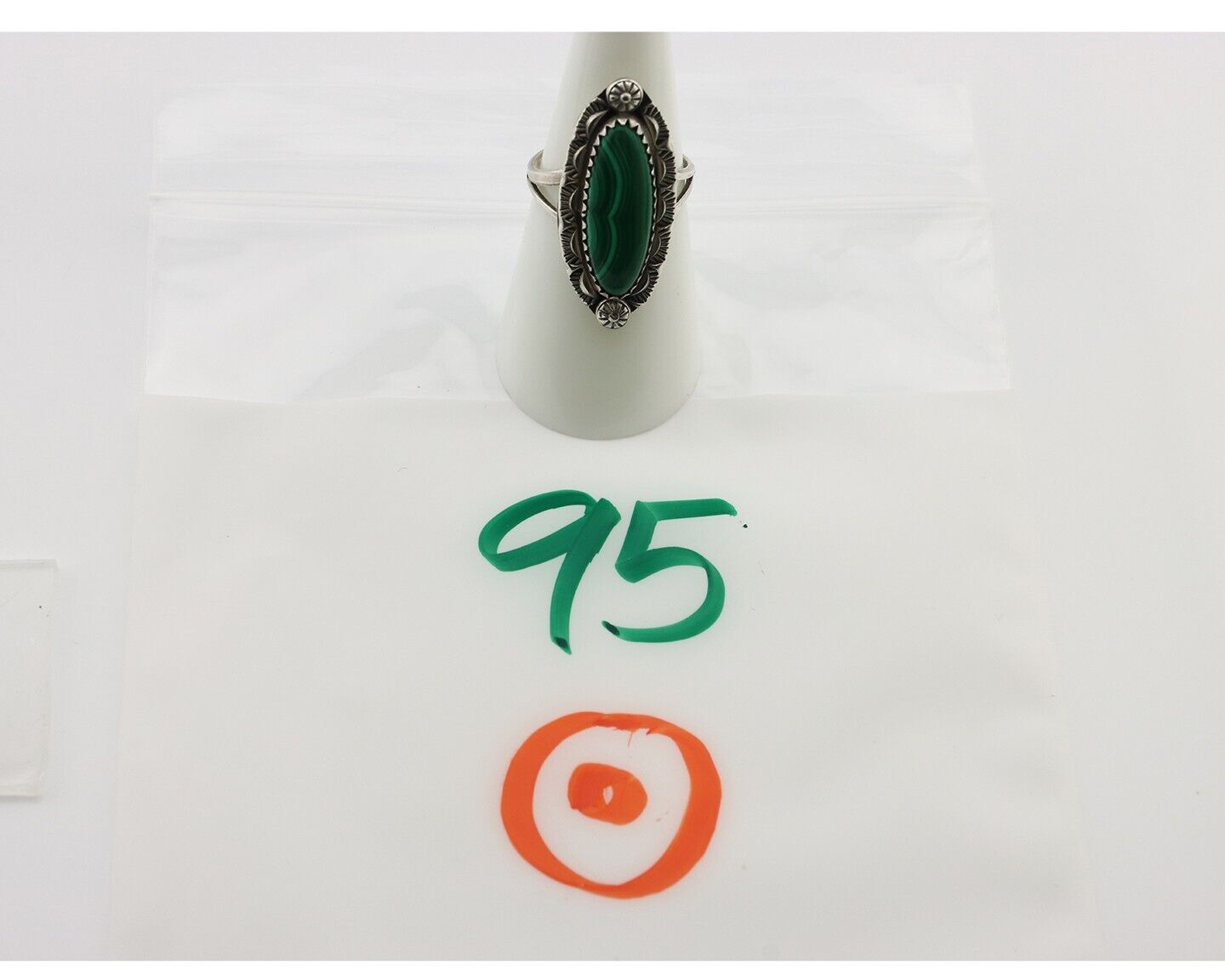 Navajo Ring .925 Silver Malachite Hand Stamped Signed Herman Lee C.80's