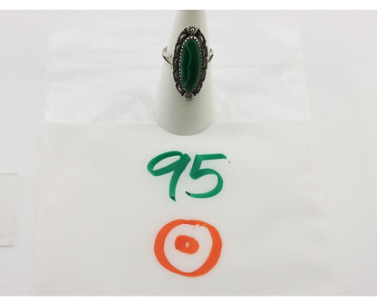 Navajo Ring .925 Silver Malachite Hand Stamped Signed Herman Lee C.80's
