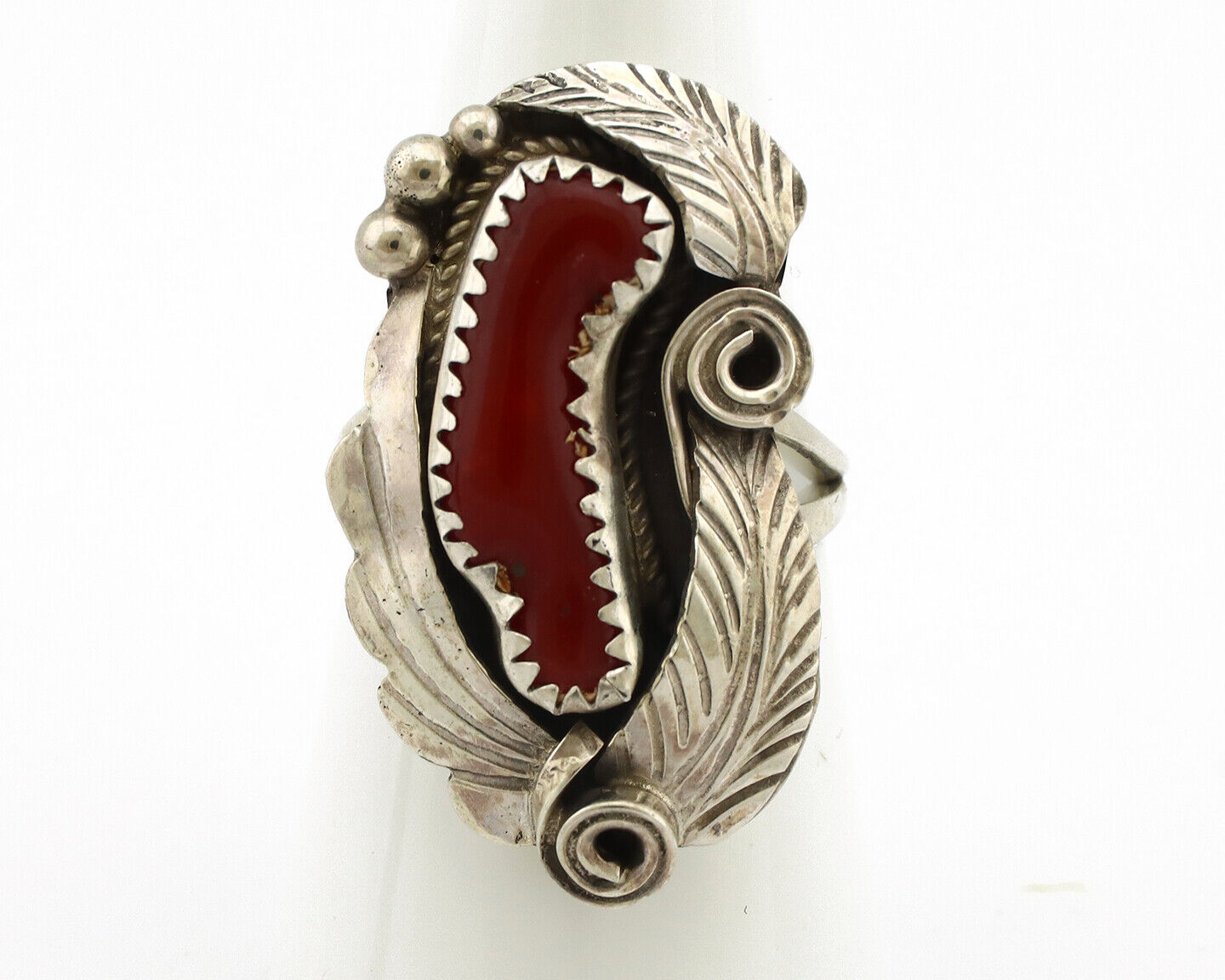 Navajo Ring 925 Silver Mediterranean Coral Artist Signed Justin Morris C.80's