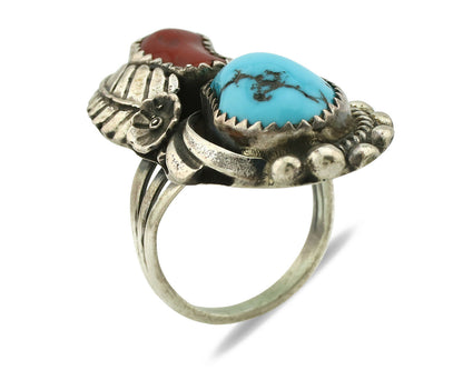 Navajo Ring .925 Silver Turquoise & Coral Artist Signed Thomas Singer C.80's
