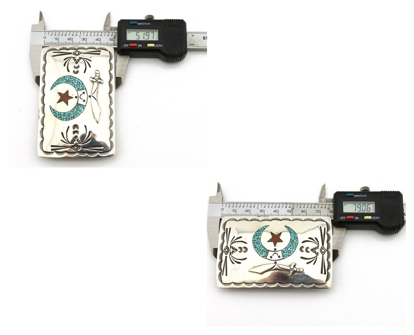 Navajo Belt Buckle .925 Silver Handmade Chip Inlay Artist Signed Bee Gay C.80's