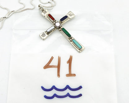 Zuni Handmade Cross Necklace 925 Silver Natural Gemstone Signed C. IULE C.80's