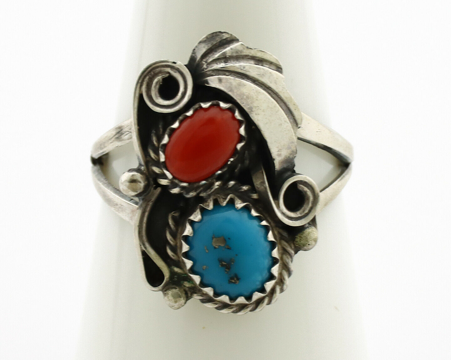 Navajo Ring .925 Silver Turquoise & Coral Artist Signed J Morris C.80's