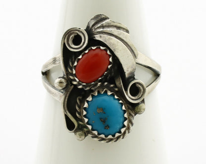 Navajo Ring .925 Silver Turquoise & Coral Artist Signed J Morris C.80's