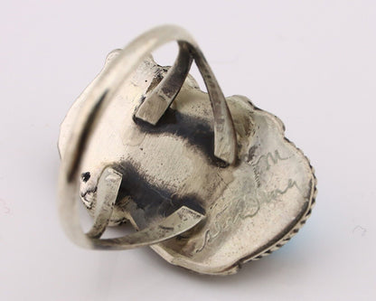 Navajo Ring 925 Silver Blue Turquiose & Coral Artist Signed Justin Morris C.80's