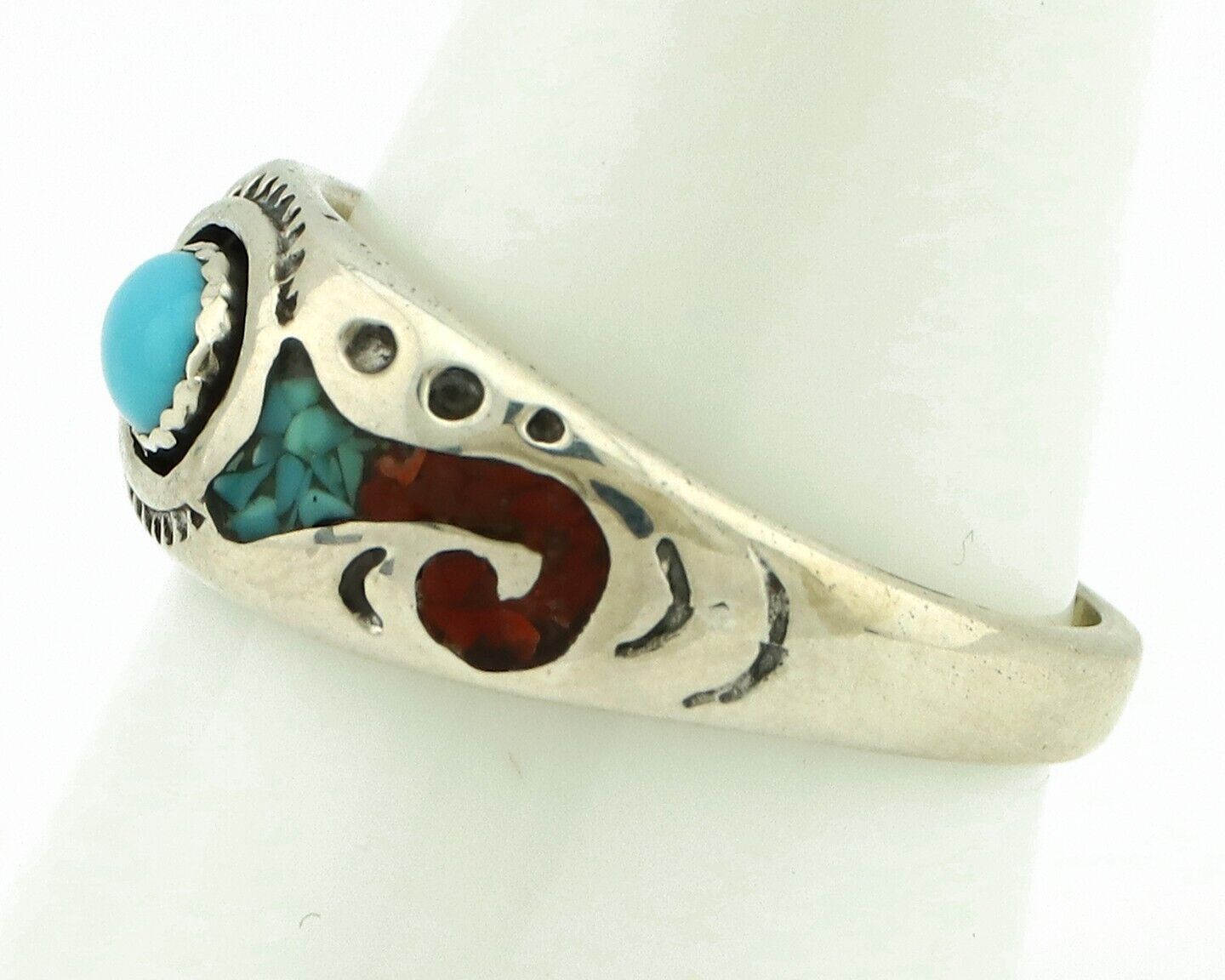 Navajo Handmade Ring 925 Silver Blue Turquoise & Coral Native American C.80's
