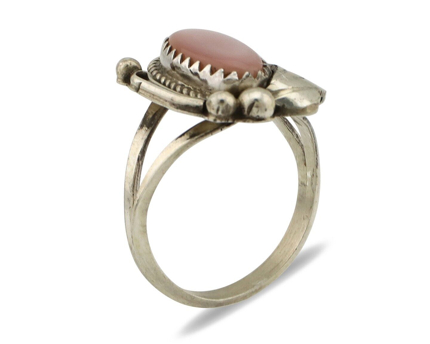 Navajo Ring .925 Silver Natural Pink Mussel Artist Signed Justin Morris C.80's