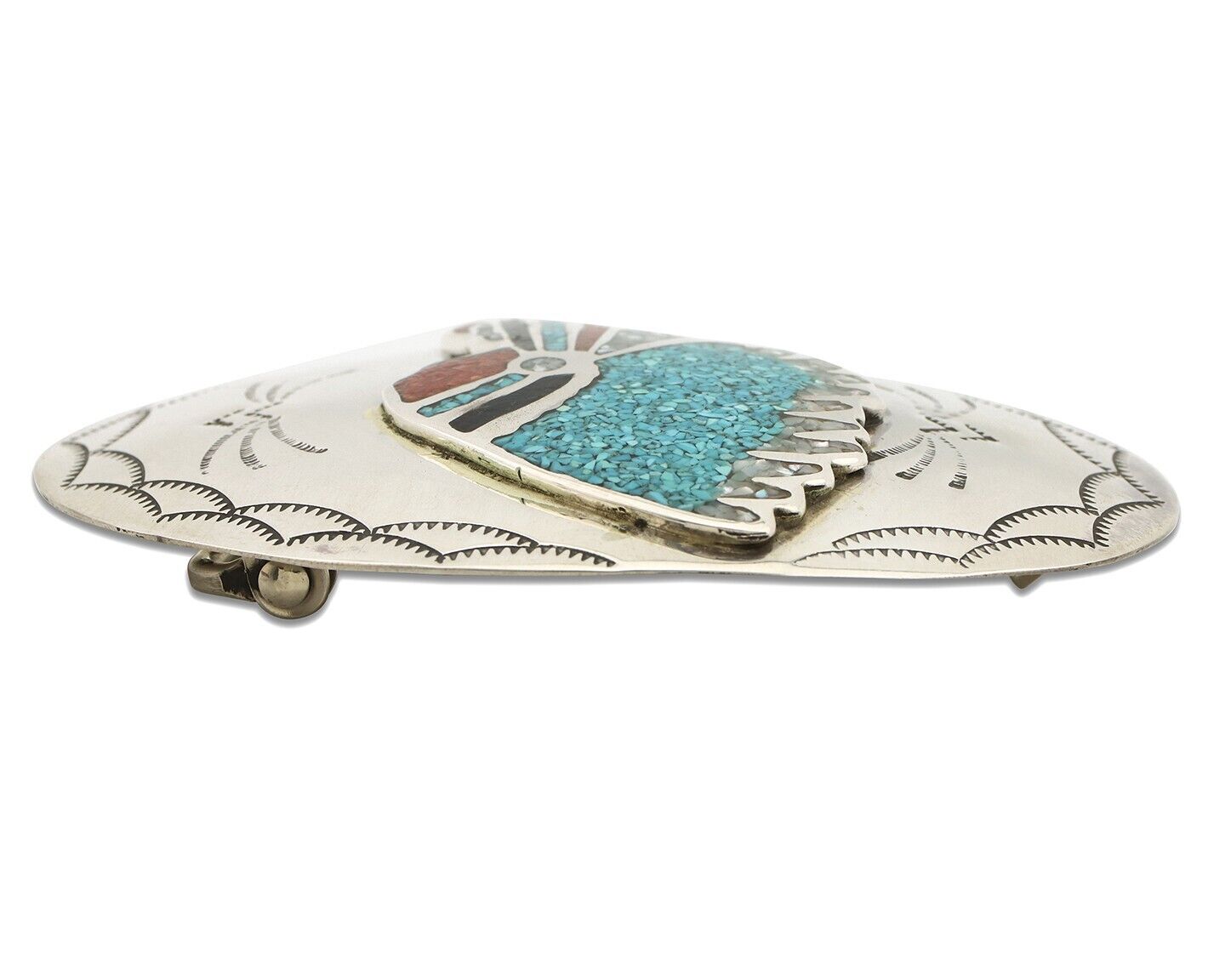 Navajo Belt Buckle 925 Silver Handmade Chip Inlay Artist Signed CP C.80s