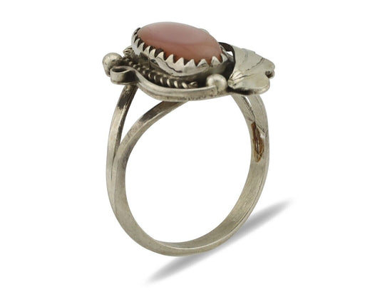 Navajo Ring .925 Silver Natural Pink Mussel Artist Signed Justin Morris C.80's
