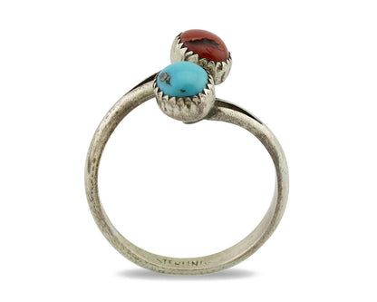 Navajo Ring 925 Silver Coral & Turquoise Handmade Native American Artist C.1980s