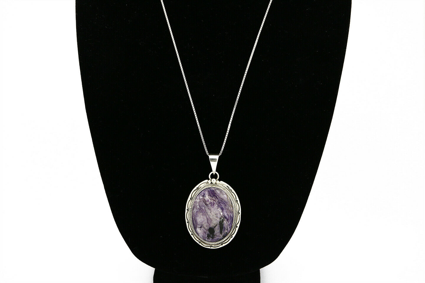 C.1980's Navajo Signed Roie Jaque .925 Silver Large Charoite Necklace