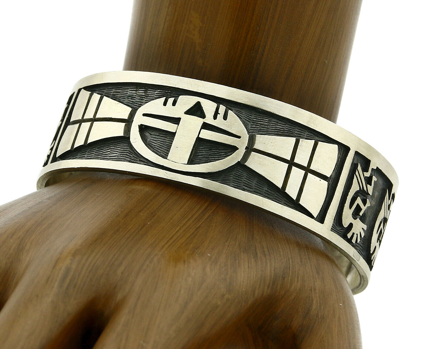 Hopi Bracelet .925 Silver Handmade Kokopelli Corn Sun Overlay Cuff