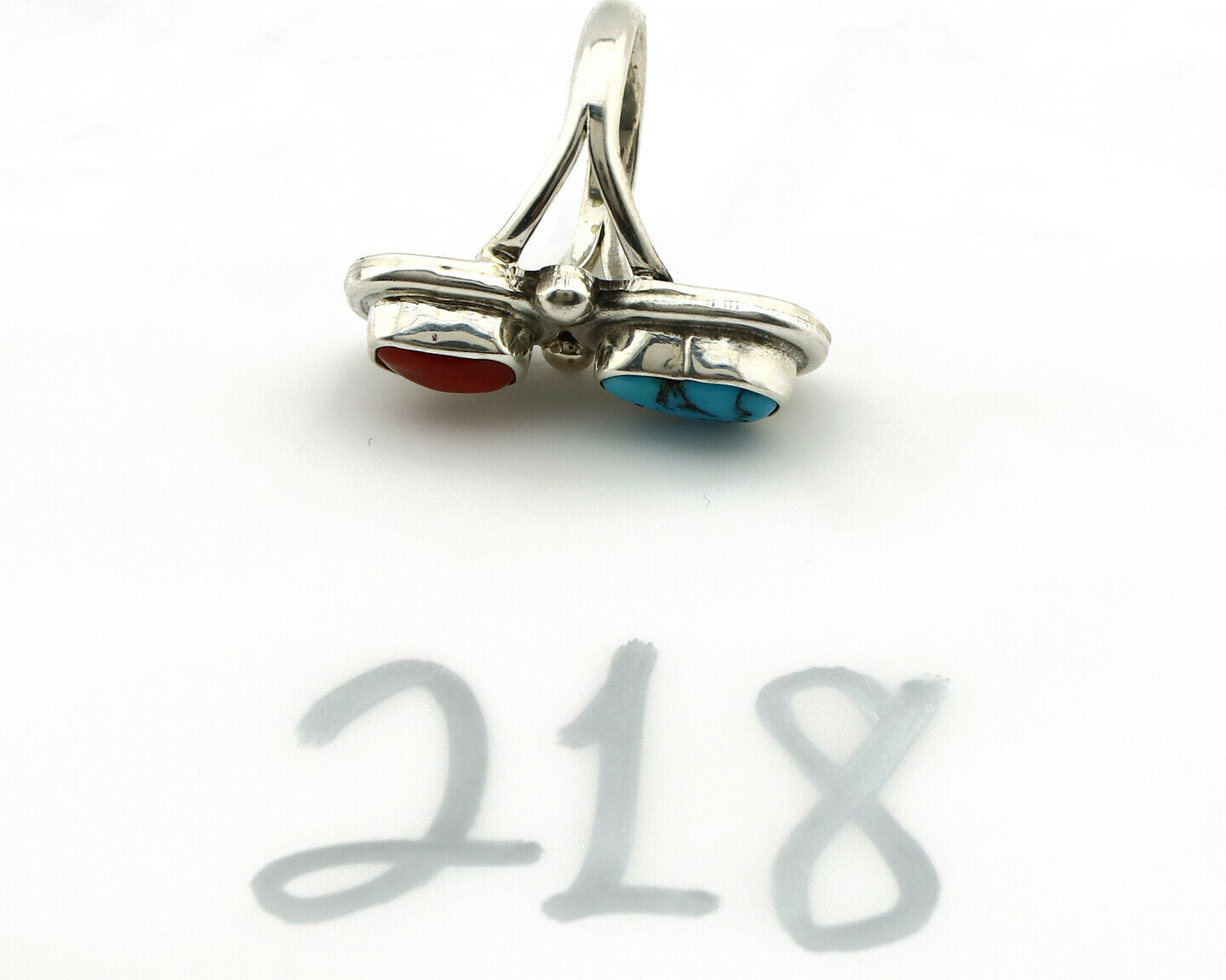 Navajo Ring .925 Silver Red Coral & Blue Turquoise Native Artist C.80's
