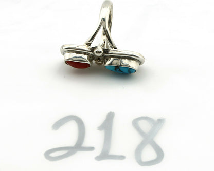 Navajo Ring .925 Silver Red Coral & Blue Turquoise Native Artist C.80's