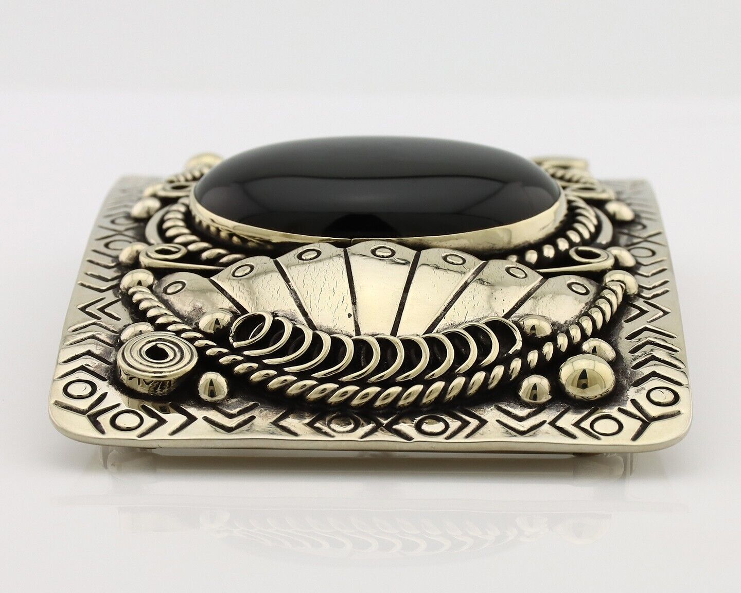 Men Navajo Belt Buckle 999 Nickel Onyx Artist Signed Teepee Handmade